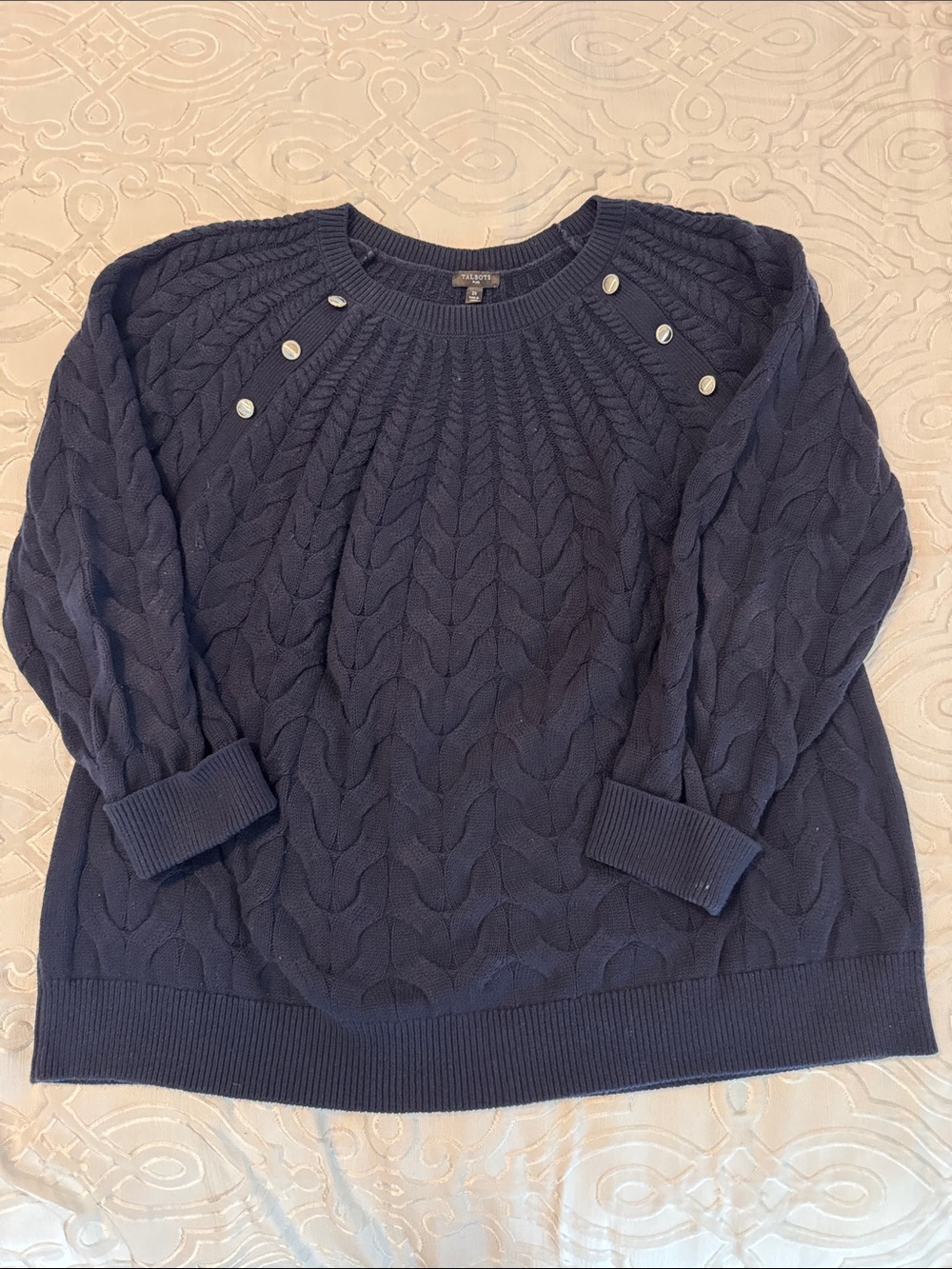 Talbots Navy Cable-Knit Crewneck Sweater with Shoulder Buttons